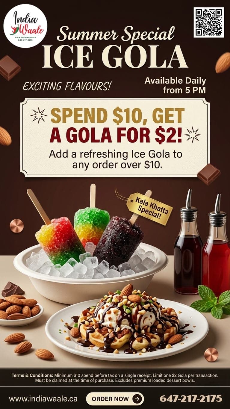IndiaWaale Summer Special — colourful Kala Khatta ice golas. Spend $10, get a gola for $2, daily from 5 PM.