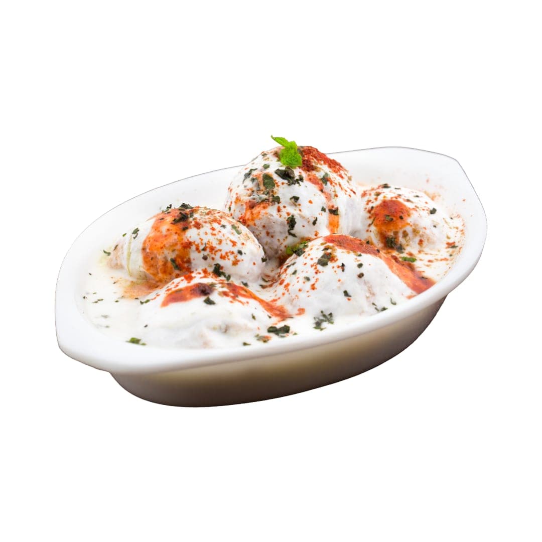 Dahi bhalla — soft lentil dumplings in chilled yogurt with tamarind chutney at IndiaWaale
