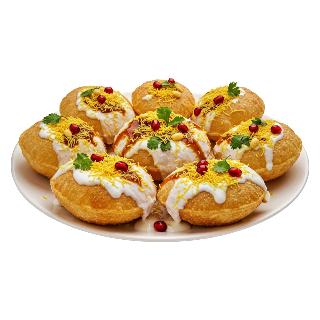 Dahi puri — crispy puris filled with potato, yogurt, sweet chutney and pomegranate at IndiaWaale